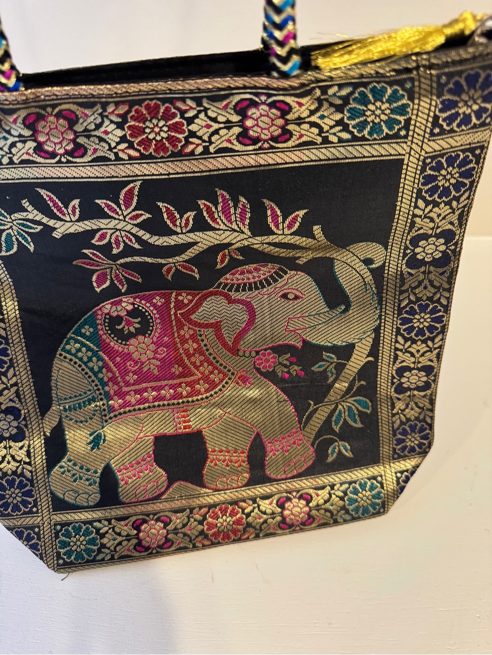 Embroidered Elephant Tote Bag in Black with Pink & Teal Accents